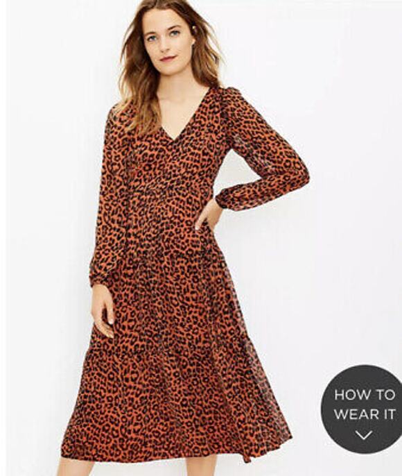 LOFT Dresses & Skirts - Loft Leopard Dress Midi Tiered V-Neck Boho Animal Long Sleeve 6 Flowy Fall Chic